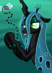 Size: 2480x3507 | Tagged: safe, artist:ls820720, derpibooru import, queen chrysalis, changeling, changeling queen, parasprite, abstract background, cheeselegs, fangs, female, floppy ears, high res, image, lidded eyes, png, unamused