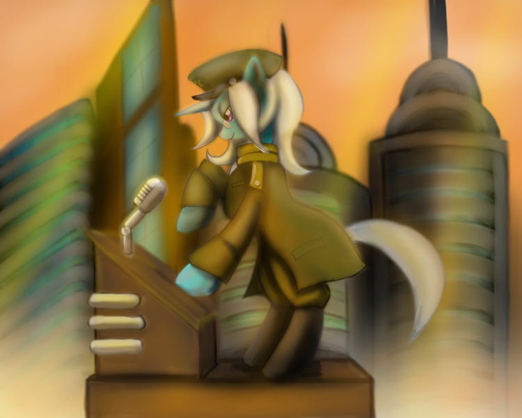 Size: 1500x1200 | Tagged: safe, artist:gunslingerpen, derpibooru import, trixie, pony, unicorn, clothes, dieselpunk, female, hat, mare, microphone, podium, solo