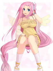 Size: 1275x1725 | Tagged: artist:mw-magister, bracelet, breasts, busty fluttershy, butterfly, clothes, colored pupils, curvy, cute, derpibooru import, detached sleeves, dress, female, flowing hair, fluttershy, human, humanized, impossibly long hair, long hair, looking at you, open mouth, safe, shyabetes, simple background, sitting, smiling, socks, solo, upskirt denied, white background, winged humanization, wings