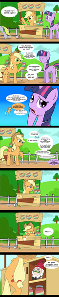 Size: 600x2968 | Tagged: safe, artist:flowersimh, derpibooru import, applejack, twilight sparkle, gnome, pony, apple, bipedal, bipedal leaning, comic, eye twitch, food, frown, gag, gravity falls, grin, jam, leaning, nervous, open mouth, raised eyebrow, smiling, tape gag, tourist trapped, waving, wide eyes, zap apple, zap apple jam