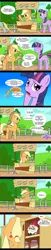 Size: 600x2968 | Tagged: safe, artist:flowersimh, derpibooru import, applejack, twilight sparkle, gnome, pony, apple, bipedal, bipedal leaning, comic, eye twitch, food, frown, gag, gravity falls, grin, jam, leaning, nervous, open mouth, raised eyebrow, smiling, tape gag, tourist trapped, waving, wide eyes, zap apple, zap apple jam