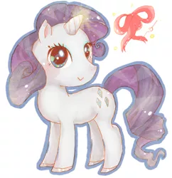 Size: 419x433 | Tagged: safe, artist:pasuteru-usagi, derpibooru import, rarity, pony, unicorn, bow, colored hooves, female, glowing horn, horn, levitation, looking at you, magic, mare, needle, outline, simple background, smiling, solo, standing, telekinesis, white background