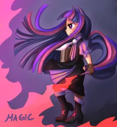 Size: 600x650 | Tagged: artist:ninjaham, derpibooru import, eared humanization, horn wand, humanized, safe, solo, tailed humanization, twilight sparkle, wand