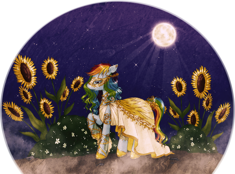 Size: 1000x743 | Tagged: artist:tinuleaf, clothes, derpibooru import, dress, flower, moon, night, rainbow dash, safe, solo