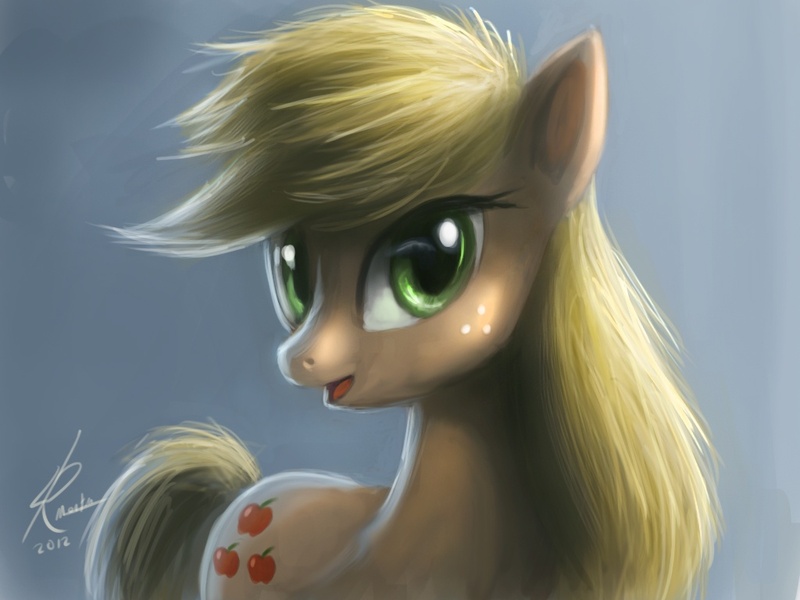 Size: 1024x768 | Tagged: safe, artist:raikoh, derpibooru import, applejack, hatless, missing accessory, solo