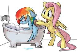 Size: 1280x870 | Tagged: safe, artist:briskby, derpibooru import, fluttershy, rainbow dash, bath, bathtub, bubble bath, claw foot bathtub, faucet, flutterdash, forced bathing, grumpy, hilarious in hindsight, scrunchy face, wet, wet mane