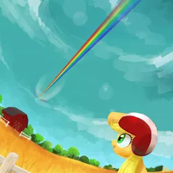 Size: 550x550 | Tagged: dead source, safe, artist:naroclie, derpibooru import, applejack, rainbow dash, earth pony, pegasus, pony, lesson zero, barn, demolition, female, flying, hard hat, hat, mare, scene interpretation, smiling, sonic rainboom, trail, vertigo, watching