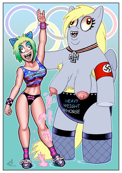 Size: 636x900 | Tagged: artist:curtsibling, breasts, clothes, comic sans, curtsibling strikes again, derpibooru import, derpy hooves, female, human, lactation, milk, nazi, nipples, nudity, oc, oc:pegaslut, olympic rings, olympics, pubic hair, questionable, topless, vulgar, we are going to hell, why sid why