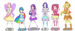 Size: 6000x2500 | Tagged: applejack, artist:applestems, clothes, costume, derpibooru import, dress, evening gloves, fluttershy, humanized, line-up, magical girl, mary janes, pinkie pie, poofy shoulders, rainbow dash, rarity, safe, skirt, twilight sparkle