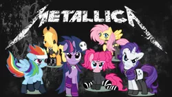 Size: 1191x670 | Tagged: applejack, artist:schnuffitrunks, derpibooru import, fishnets, fluttershy, heavy metal, mane six, metal, metallica, pinkie pie, rainbow dash, rarity, rock, safe, twilight sparkle