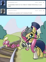 Size: 640x856 | Tagged: safe, artist:giantmosquito, derpibooru import, fluttershy, lily, lily valley, earth pony, pony, ask, ask-dr-adorable, bondage, cloth gag, dastardly whiplash, dr adorable, female, gag, imminent decapitation, mare, moustache, peril, scared, tied to tracks, tied up, train tracks, tumblr, wide eyes