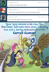 Size: 640x928 | Tagged: safe, artist:giantmosquito, derpibooru import, fluttershy, gilda, lily, lily valley, earth pony, gryphon, pegasus, pony, ask, ask-dr-adorable, captain clamor, dastardly whiplash, dr adorable, female, mare, train tracks, tumblr, wide eyes