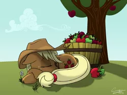 Size: 1200x900 | Tagged: apple, applejack, artist:psychodikdik, derpibooru import, flower, food, safe, sleeping, solo, tree