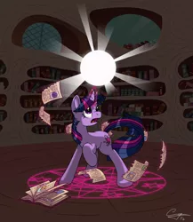 Size: 1300x1500 | Tagged: safe, artist:psychodikdik, derpibooru import, twilight sparkle, pony, unicorn, book, magic, magic circle, solo, spell gone wrong