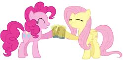 Size: 6048x2938 | Tagged: artist:katiepox, cider, derpibooru import, duo, duo female, female, fluttershy, pinkie pie, safe, simple background, the super speedy cider squeezy 6000, transparent background, vector