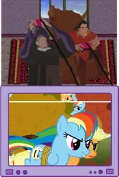 Size: 555x820 | Tagged: safe, derpibooru import, applejack, rainbow dash, human, pony, beauty and the beast, exploitable meme, frollo, gaston, meme, the frollo show, tv meme, videogame meme