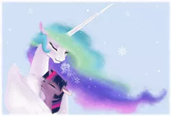 Size: 2000x1352 | Tagged: artist:bri-sta, derpibooru import, female, hug, lesbian, princess celestia, safe, shipping, snow, snowfall, twilestia, twilight sparkle, winghug