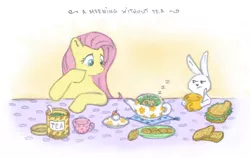 Size: 800x504 | Tagged: safe, artist:onkelscrut, derpibooru import, angel bunny, fluttershy, pony, angry, breakfast, dormouse, female, image, jpeg, mare, sandwich, tea, teapot