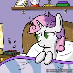 Size: 1500x1500 | Tagged: safe, artist:thatoneguyonda, derpibooru import, sweetie belle, pony, unicorn, alarm clock, bed, bed mane, clock, colored pupils, morning ponies, solo