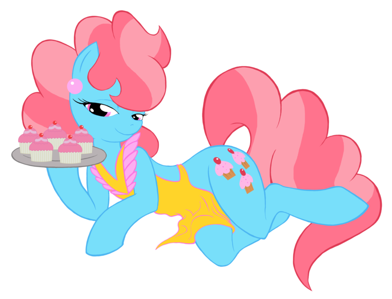 Size: 2615x2000 | Tagged: suggestive, artist:drago-flame, derpibooru import, cup cake, earth pony, pony, apron, clothes, cupcake, female, food, high res, mare, side, simple background, smiling, solo, solo female, transparent background, tray, younger