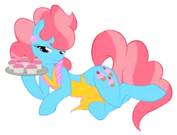 Size: 2615x2000 | Tagged: suggestive, artist:drago-flame, derpibooru import, cup cake, earth pony, pony, apron, clothes, cupcake, female, food, high res, mare, side, simple background, smiling, solo, solo female, transparent background, tray, younger