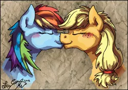 Size: 800x567 | Tagged: safe, artist:malicieuxx, derpibooru import, applejack, rainbow dash, appledash, female, kissing, lesbian, shipping