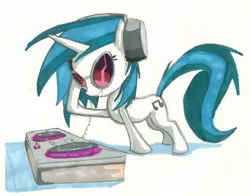 Size: 1526x1194 | Tagged: artist:matugi, derpibooru import, grin, headphones, safe, solo, traditional art, turntable, vinyl scratch