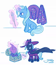 Size: 900x1042 | Tagged: safe, artist:yamino, derpibooru import, mare do well, trixie, pony, unicorn, chest, clothes, costume, female, hat, key, levitation, magic, mare, mirror, solo, trixie's cape, trixie's hat