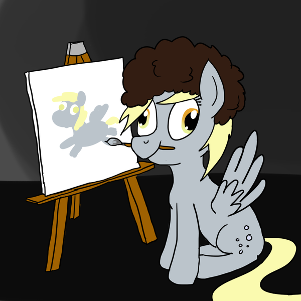 Size: 1000x1000 | Tagged: safe, artist:rapidstrike, derpibooru import, derpy hooves, pegasus, pony, bob ross, easel, female, mare, paintbrush, painting, solo