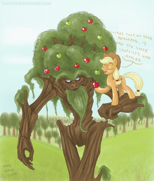 Size: 847x1000 | Tagged: safe, artist:pooryorick, derpibooru import, ponibooru import, applejack, bloomberg, earth pony, ent, pony, apple, apple tree, beard, duo, facial hair, female, food, lord of the rings, mare, tree