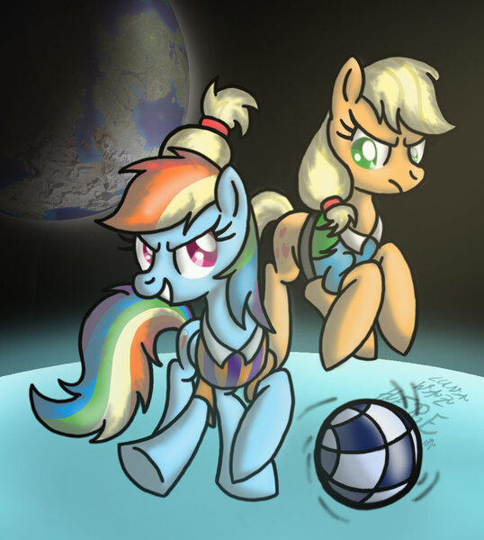 Size: 900x1003 | Tagged: applejack, artist:thetastymuffin, ball, clothes, derpibooru import, duo, football, moon, rainbow dash, safe