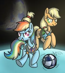 Size: 900x1003 | Tagged: applejack, artist:thetastymuffin, ball, clothes, derpibooru import, duo, football, moon, rainbow dash, safe