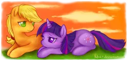 Size: 683x328 | Tagged: applejack, artist:mn27, derpibooru import, female, lesbian, prone, safe, shipping, twijack, twilight sparkle