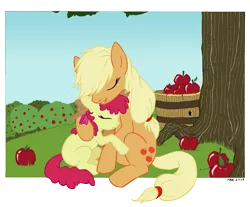 Size: 945x784 | Tagged: safe, artist:riftryu, derpibooru import, apple bloom, applejack, accessory swap, apple, apple tree, comforting, eyes closed, female, grass, hug, raised hoof, sisters, sweet apple acres, tree