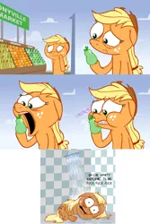 Size: 1230x1843 | Tagged: safe, artist:hotdiggedydemon, derpibooru import, applejack, earth pony, pony, ask jappleack, banana, comic, dishonorapple, eating, female, floppy ears, food, food stand, frown, hilarious in hindsight, jappleack, mare, open mouth, orange, pear, raised eyebrow, shower, shower of angst, side, solo, that pony sure does hate pears, vulgar, wet, wet mane, wide eyes