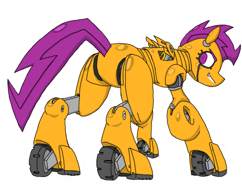 Size: 500x400 | Tagged: safe, derpibooru import, scootaloo, pegasus, pony, robot, robot pony, female, filly, grin, looking back, plot, scootabot, smiling, solo