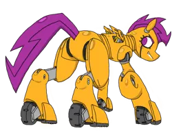 Size: 500x400 | Tagged: safe, derpibooru import, scootaloo, pegasus, pony, robot, robot pony, female, filly, grin, looking back, plot, scootabot, smiling, solo