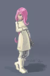 Size: 426x640 | Tagged: artist:giantmosquito, boots, clothes, derpibooru import, dr adorable, fluttershy, gloves, goggles, gradient background, head tilt, human, humanized, lab coat, looking at you, safe, shoes, solo, standing, three quarter view