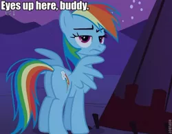 Size: 600x469 | Tagged: safe, derpibooru import, edit, edited screencap, screencap, rainbow dash, over a barrel, cropped, image macro, lidded eyes, plot, solo, unamused