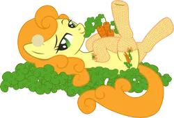 Size: 3890x2642 | Tagged: suggestive, artist:leopurofriki, derpibooru import, carrot top, golden harvest, earth pony, pony, bedroom eyes, carrot, clothes, female, fishnets, flower, flower in hair, food, gloves, high res, looking at you, lying down, mare, on back, simple background, socks, solo, solo female, stockings, thigh highs, transparent background