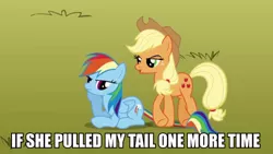 Size: 640x360 | Tagged: applejack, derpibooru import, duo, edit, edited screencap, fall weather friends, image macro, lidded eyes, rainbow dash, safe, screencap, tail, tail pull