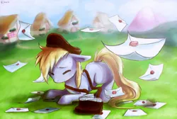 Size: 900x604 | Tagged: safe, artist:rikkutakedo, derpibooru import, derpy hooves, pegasus, pony, eyes closed, female, floppy ears, letter, mail, mailbag, mailmare, mare, missing cutie mark, ponyville, solo, wingless