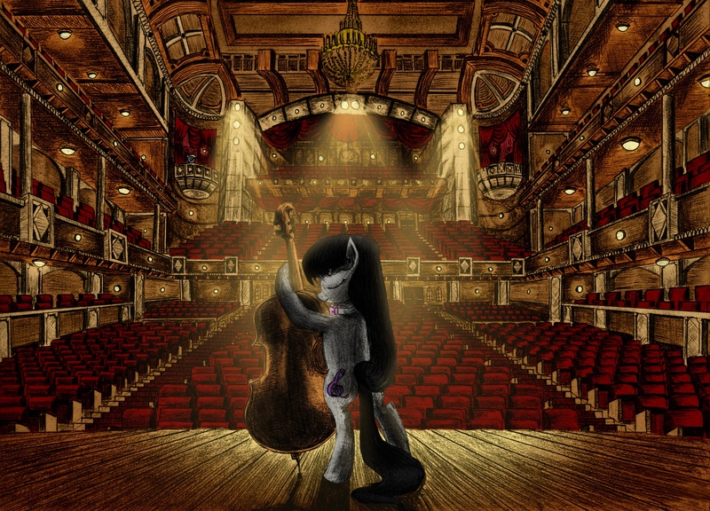 Size: 3177x2288 | Tagged: safe, artist:josh-5410, artist:metadragonart, derpibooru import, derpy hooves, octavia melody, pony, auditorium, balcony, bipedal, cello, chandelier, collaboration, crepuscular rays, eyes closed, high res, interior, musical instrument, smiling, spotlight, stage, stairs, theater, when you see it