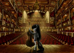 Size: 3177x2288 | Tagged: safe, artist:josh-5410, artist:metadragonart, derpibooru import, derpy hooves, octavia melody, pony, auditorium, balcony, bipedal, cello, chandelier, collaboration, crepuscular rays, eyes closed, high res, interior, musical instrument, smiling, spotlight, stage, stairs, theater, when you see it