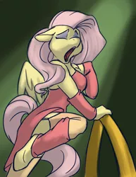 Size: 700x906 | Tagged: anthro, artist:foxenawolf, clothes, derpibooru import, dress, eyes closed, floppy ears, fluttershy, leg warmers, safe, stockings, unguligrade anthro