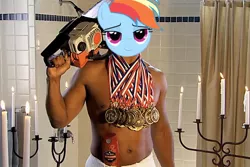 Size: 600x400 | Tagged: bedroom eyes, chainsaw, derpibooru import, human, isaiah mustafa, medal, old spice, old spice guy, photoshop, rainbow dash, safe