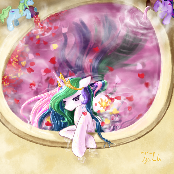 Size: 1181x1181 | Tagged: artist:tzulin520, bath, derpibooru import, it's good to be princess, princess celestia, rose, safe, twilight sparkle, wet mane