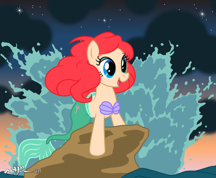 Size: 743x611 | Tagged: ariel, artist:hezaa, dead source, derpibooru import, disney princess, mermaid, merpony, ponified, safe, seahorse, seashell, shell bra, the little mermaid