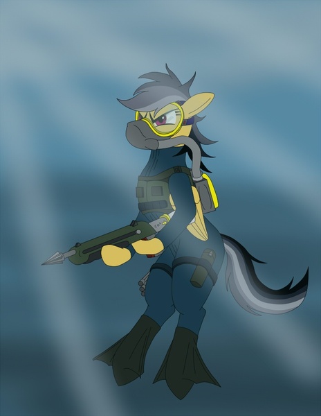 Size: 720x931 | Tagged: artist:badinfluence, badass, daring do, derpibooru import, goggles, hoof flippers, military grade equipment, re-breather, safe, scuba, scuba mask, spear gun, swimming goggles, underwater, wet suit, wetsuit