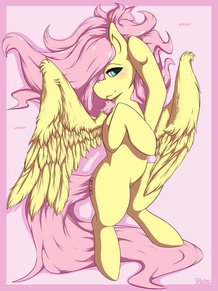 Size: 825x1100 | Tagged: suggestive, artist:blackkaries, derpibooru import, fluttershy, pegasus, pony, bed mane, bedroom eyes, blushing, female, mare, on back, solo, solo female, sultry pose